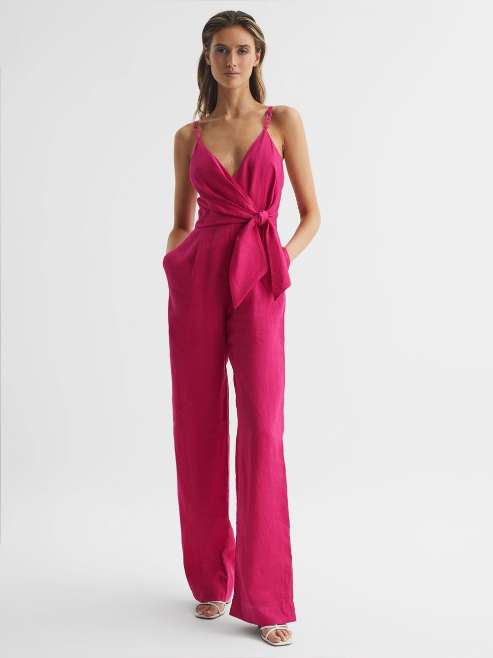 REISS Emilia Tie Front Linen Jumpsuit In Pink Size 2 - Picture 2 of 13